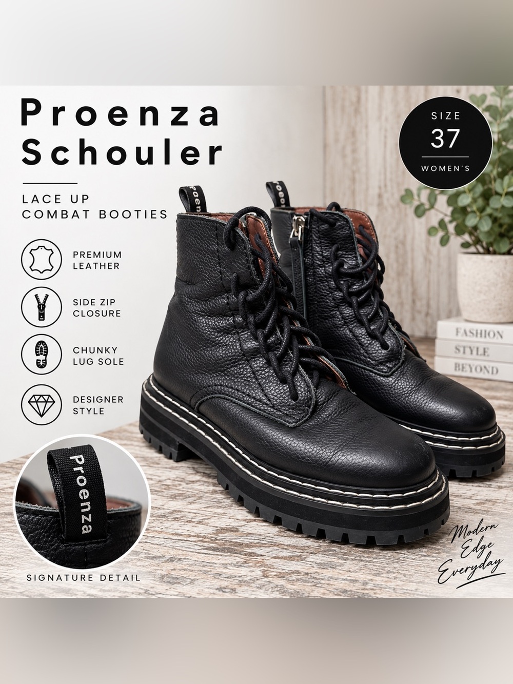 Proenza Schouler Black Leather Lace Up Combat Boots Lug Sole Women’s 37